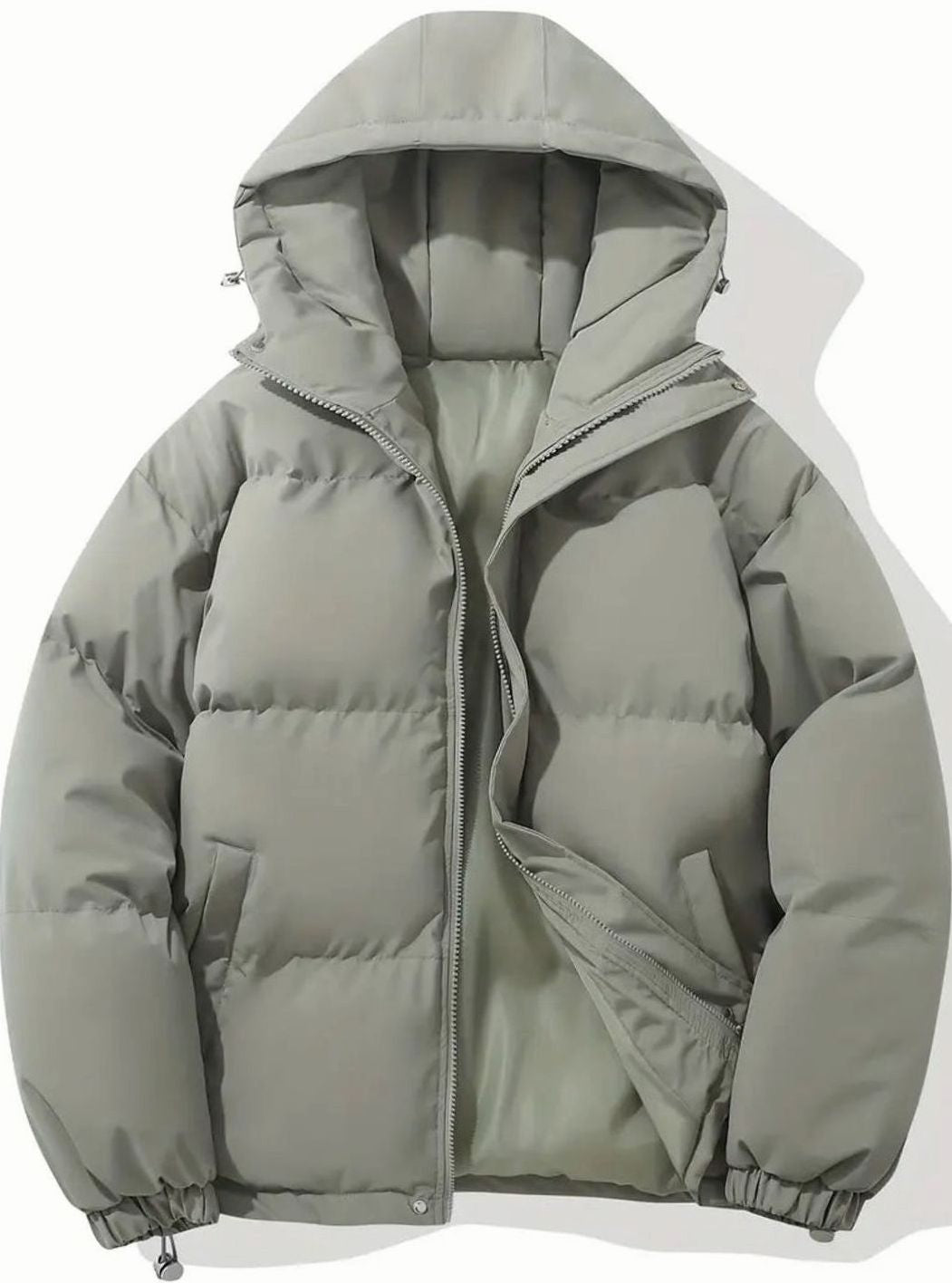 Khakigrüne Steppjacke mit Kapuze und Seitentaschen, Vorderansicht
