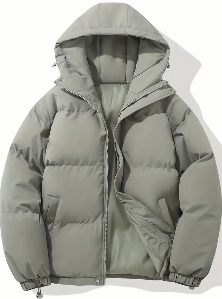 Khakigrüne Steppjacke mit Kapuze und Seitentaschen, Vorderansicht