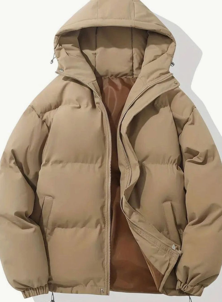 Beige gefütterte Winterjacke mit Kapuze, Vorderansicht offen
