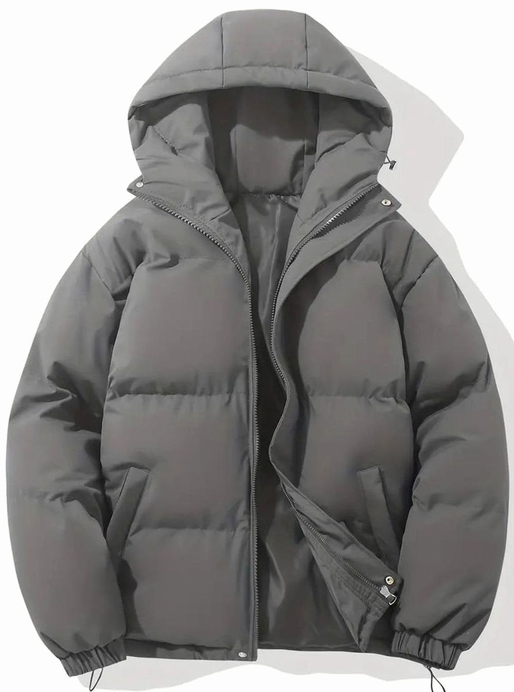 Dunkelgraue Puffer-Jacke mit Kapuze und Reißverschluss, Vorderansicht