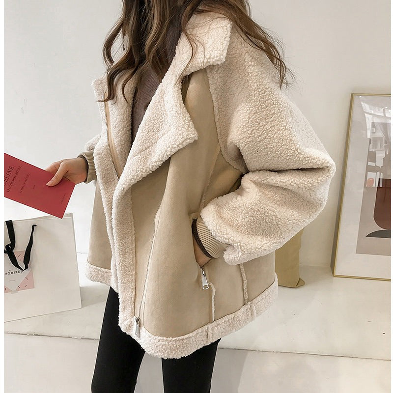 Beige Teddyfell-Jacke mit Wildleder-Optik und Reißverschluss, Oversize-Schnitt