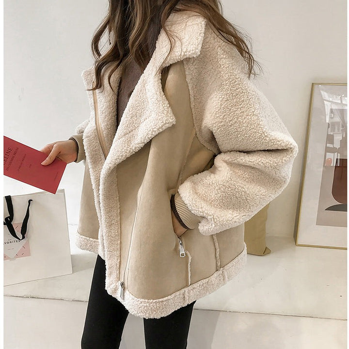 Beige Teddyfell-Jacke mit Wildleder-Optik und Reißverschluss, Oversize-Schnitt