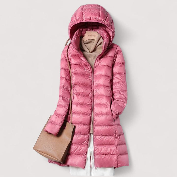 Steppjacke in Altrosa mit Kapuze, langärmelig und glänzend