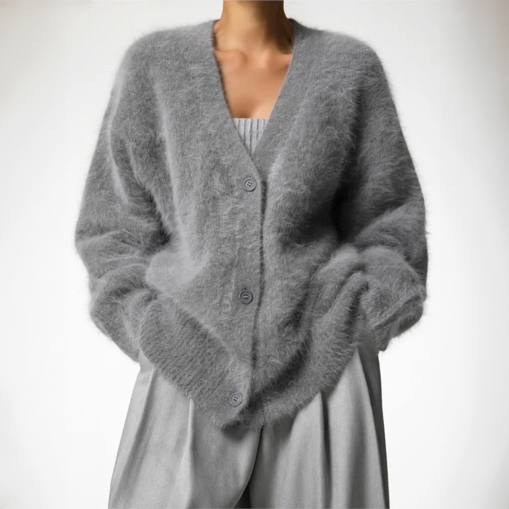 Graue Mohair-Strickjacke mit V-Ausschnitt und gerippten Bündchen