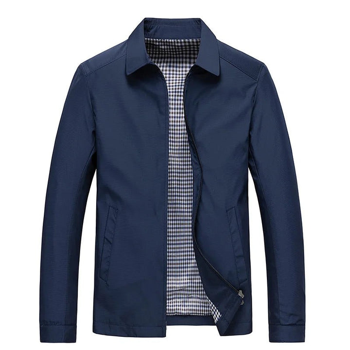Herrenjacke dunkelblau mit Hemdkragen und kariertem Innenfutter