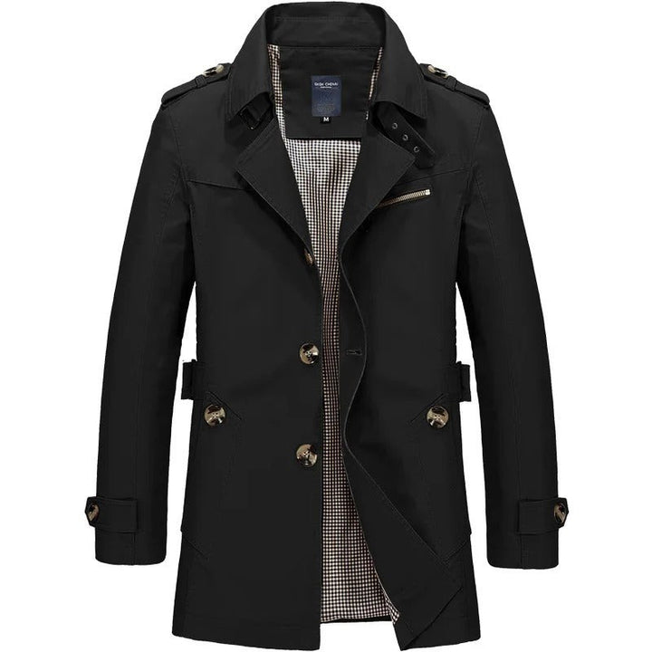 Schwarze Herren-Trenchjacke mit Schulterklappen und Karo-Innenfutter