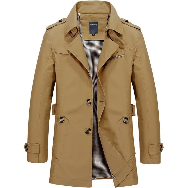 Khakifarbene Herren-Trenchjacke mit Reißverschlusstasche und Gürtelschlaufen