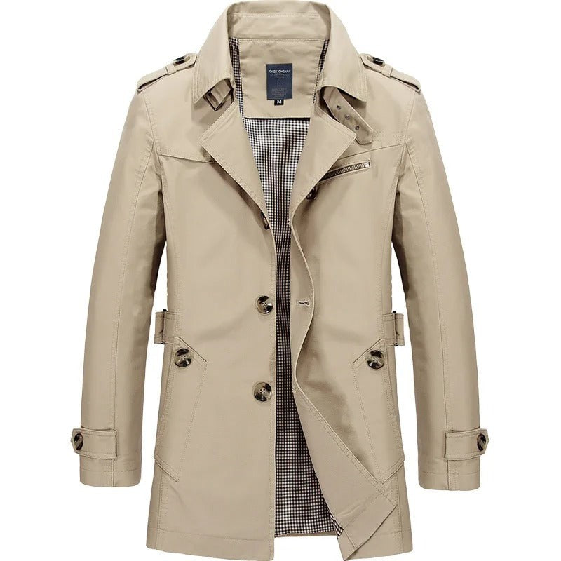 Beige Herrenjacke mit Stehkragen und kariertem Futter