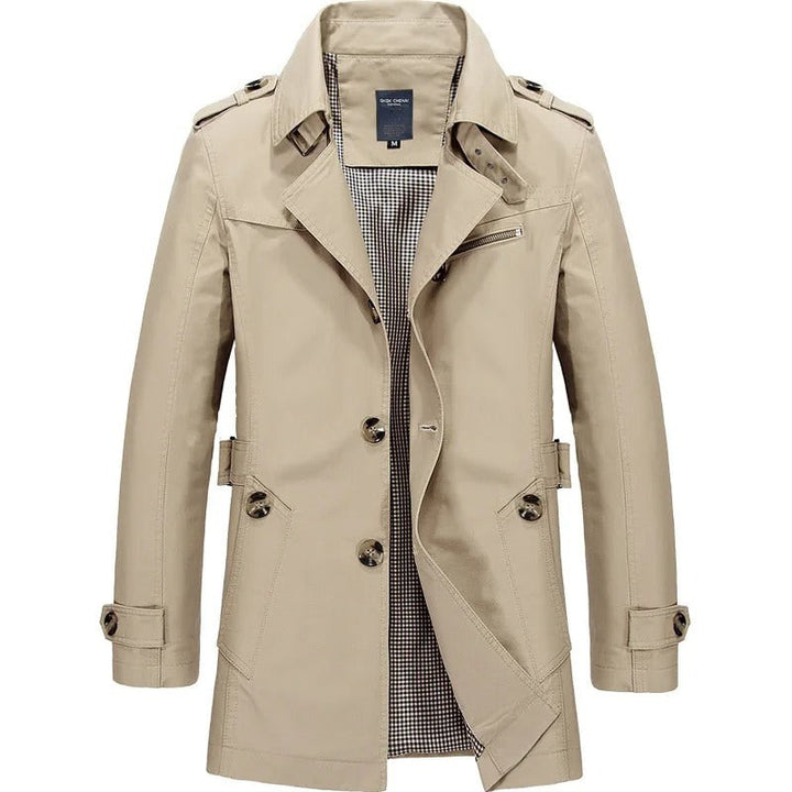 Beige Herrenjacke mit Stehkragen und kariertem Futter