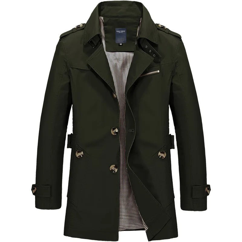 Olivgrüne Herren-Trenchjacke mit Epauletten und Knopfleiste