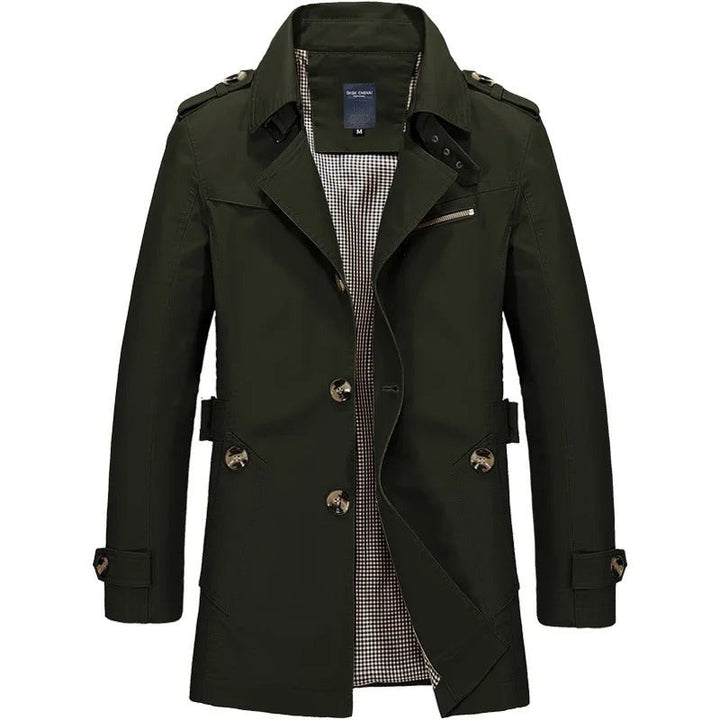 Olivgrüne Herren-Trenchjacke mit Epauletten und Knopfleiste