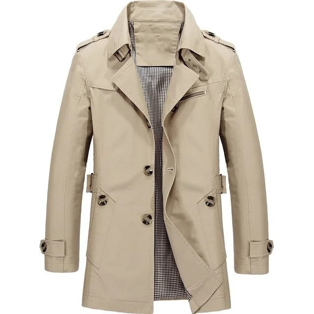 Beige Herren-Trenchcoat mit Schulterklappen und kariertem Innenfutter