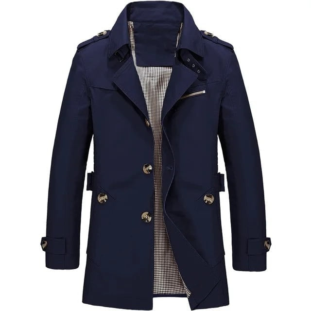Marineblauer Herren-Trenchcoat mit Gürtelschlaufen und Epauletten
