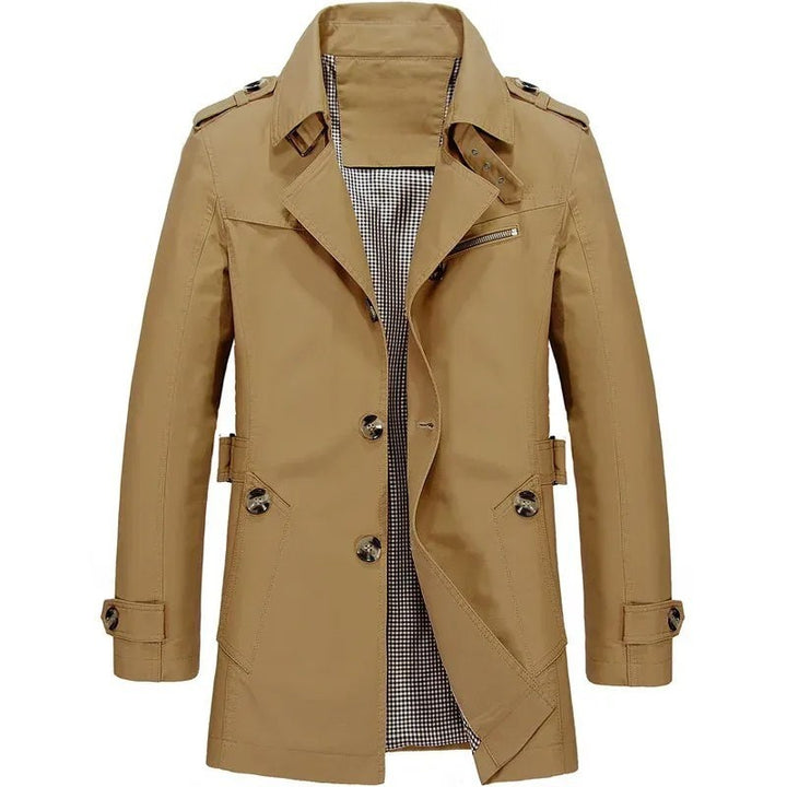Khakifarbener Herren-Trenchcoat mit Schulterklappen und Bündchen