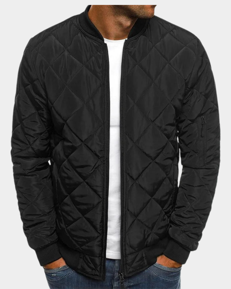 Schwarze gesteppte Bomberjacke mit Rautenmuster und Ärmeltasche
