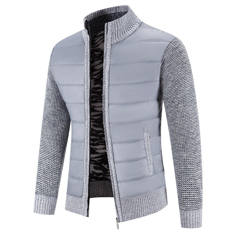 Herren Steppjacke hellgrau mit gemustertem Strickärmel und Stehkragen