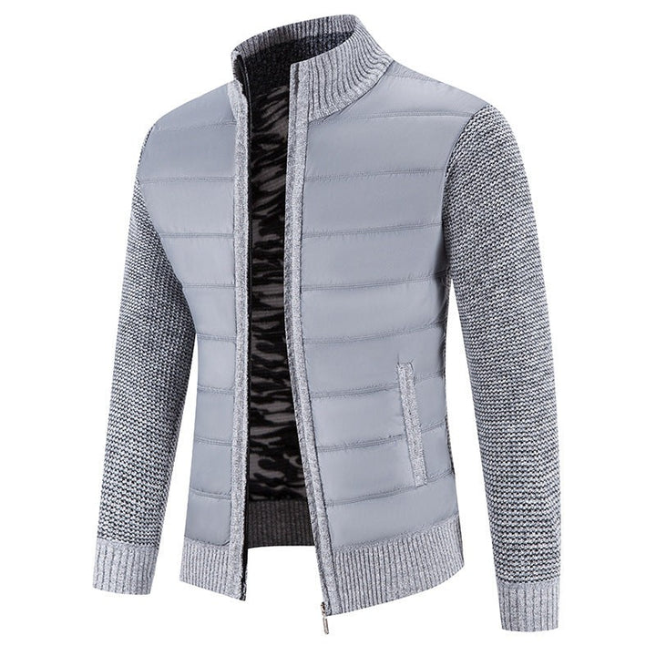 Herren Steppjacke hellgrau mit gemustertem Strickärmel und Stehkragen