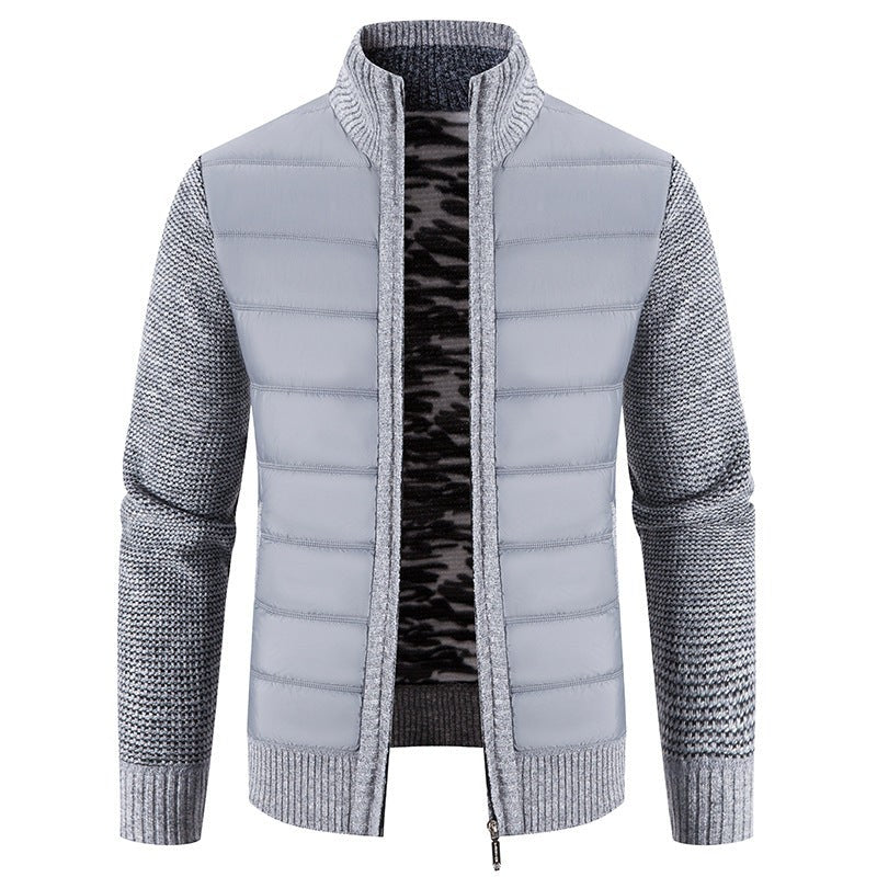 Herren Steppjacke hellgrau mit gestricktem Ärmelmuster und Reißverschluss