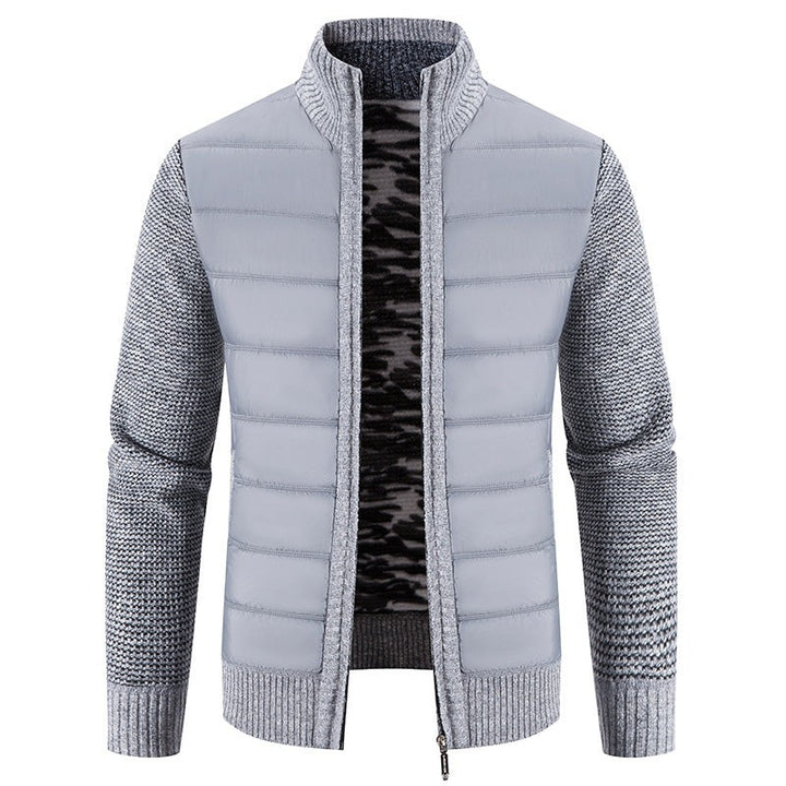 Herren Steppjacke hellgrau mit gestricktem Ärmelmuster und Reißverschluss