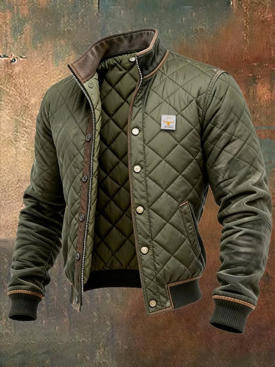 Herren Steppjacke in Oliv mit Stehkragen und Kontrastbesatz in Braun