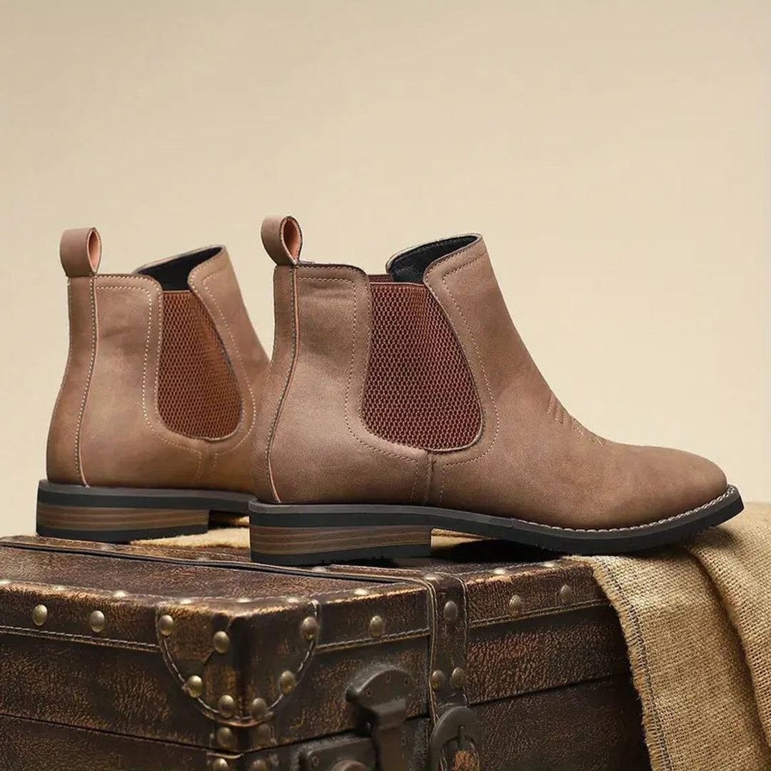 Taupefarbene Chelsea Stiefeletten mit rostbraunen Gummizug-Einsätzen