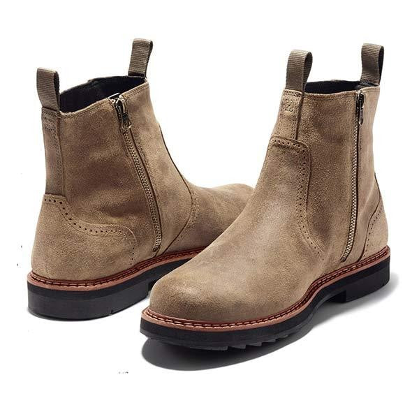 Beige Wildleder-Chelsea-Boots mit seitlichem Reißverschluss und Profilsohle