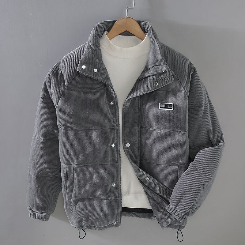 Graue Cord-Steppjacke mit Stehkragen und Druckknopfleiste für Herren