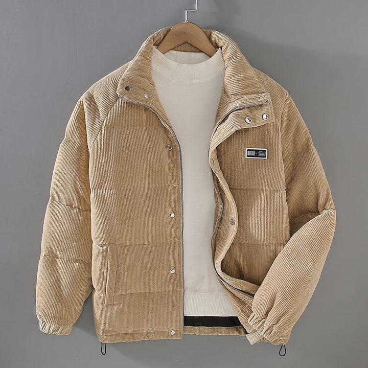 Beige Winterjacke aus Cordstoff mit gefütterten Ärmeln und Reißverschluss