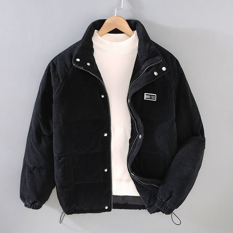 Schwarze gepolsterte Cordjacke mit Stehkragen und elastischen Bündchen