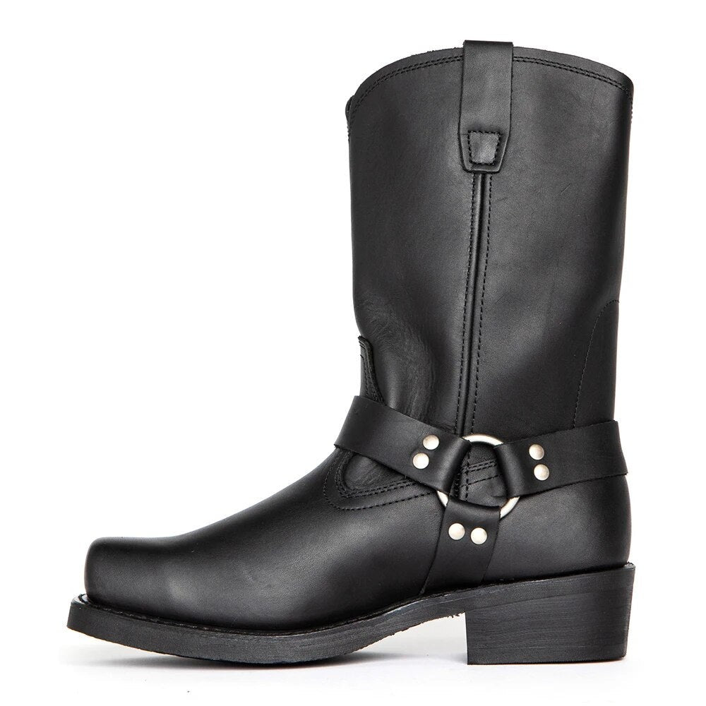 Schwarze Cowboystiefel aus Leder mit Harness-Riemen und Blockabsatz