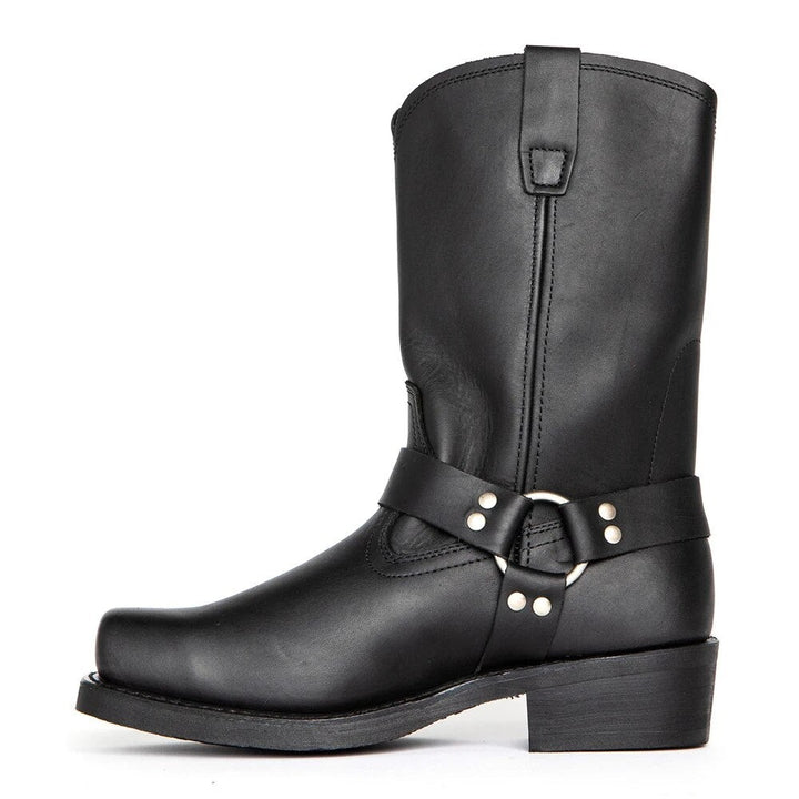 Schwarze Cowboystiefel aus Leder mit Harness-Riemen und Blockabsatz