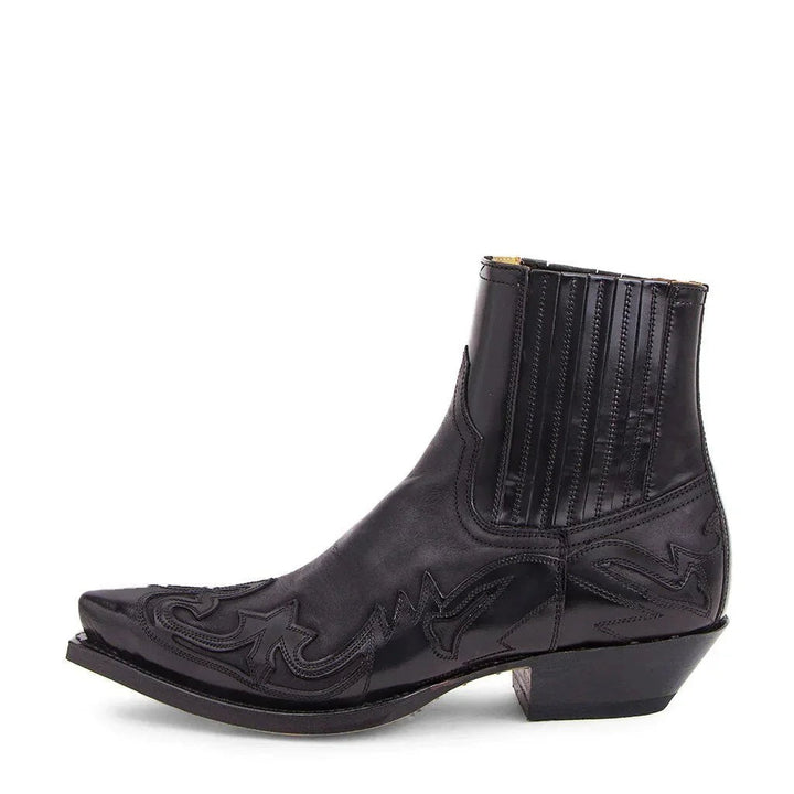 Schwarzer Cowboystiefel Herren aus Leder mit spitzer Zehenpartie und Flammenstickerei