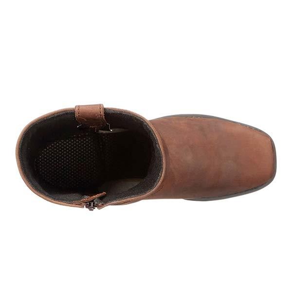 Draufsicht brauner Lederstiefel mit Reißverschluss und Textilfutter