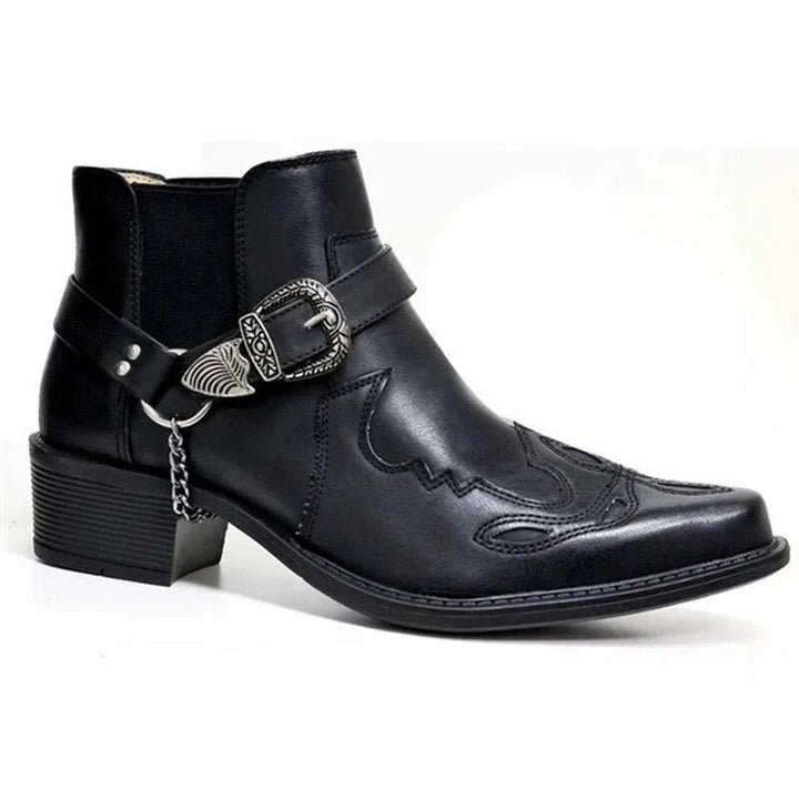 Schwarzer Westernstiefel Herren aus Leder mit Schnallenriemen und Kette
