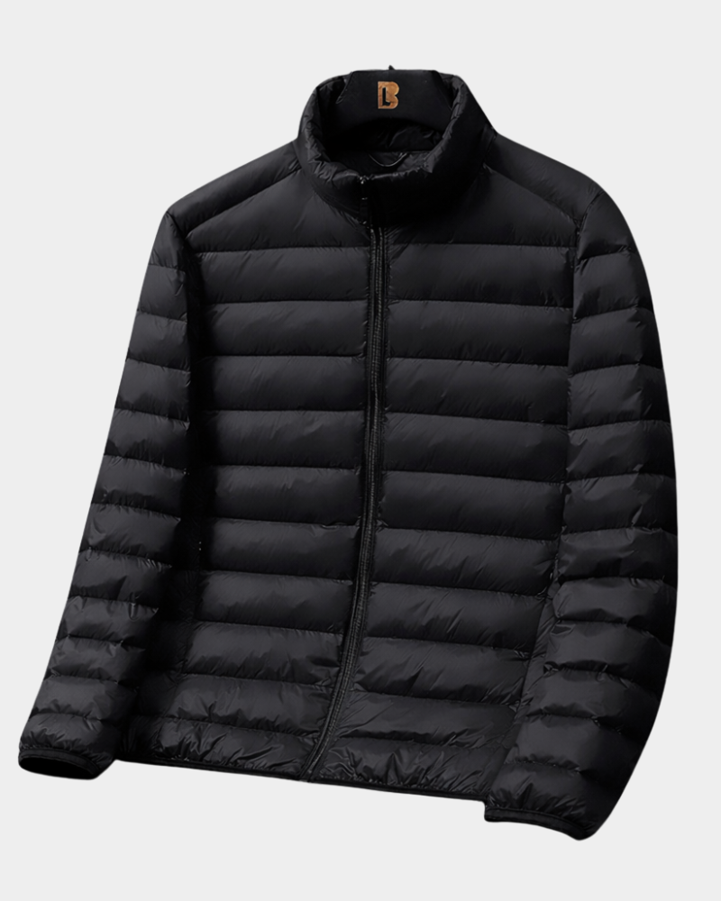 Schwarze Daunenjacke mit gestepptem Design und hohem Stehkragen
