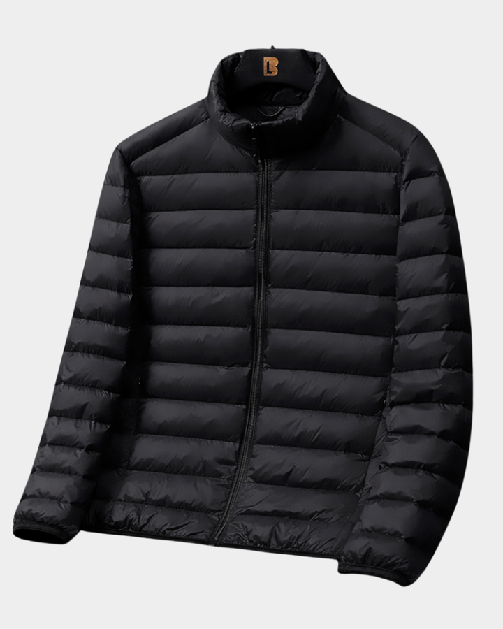 Schwarze Daunenjacke mit gestepptem Design und hohem Stehkragen
