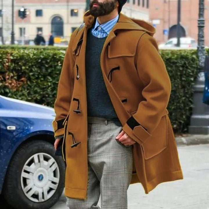 Camelfarbener Dufflecoat mit Kapuze und Knebelknöpfen für Herren