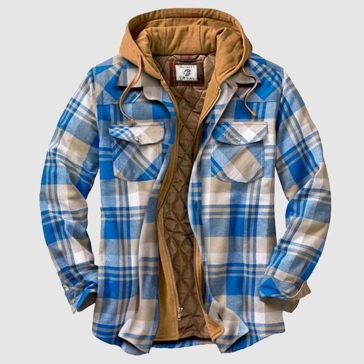 Herren-Flanellhemdjacke blau kariert mit abnehmbarer Kapuze und gefüttertem Innenfutter