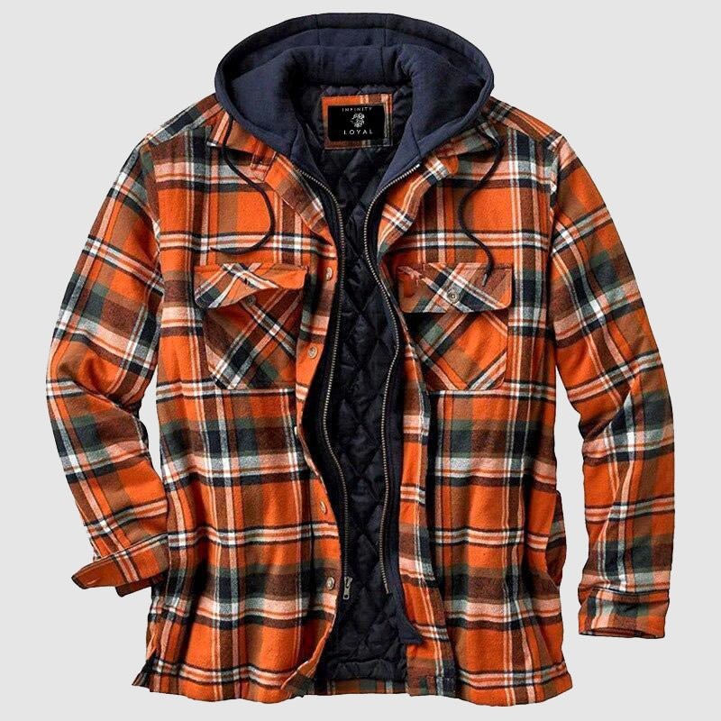 Orange-schwarz karierte Flanelljacke mit dunkelblauer Kapuze und Reißverschluss