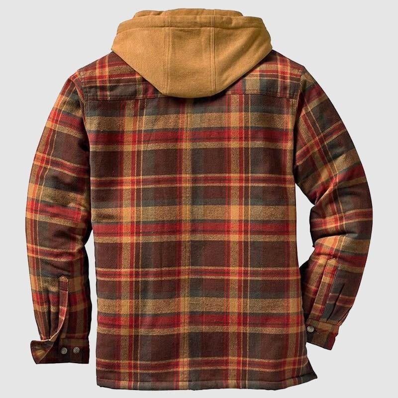 Rückenansicht der rot-braun karierten Holzfällerjacke mit senffarbener Kapuze