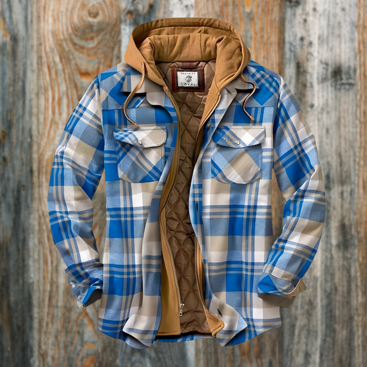 Blau-beige karierte Flanelljacke mit Kapuze und gestepptem Innenfutter