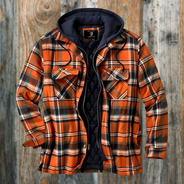 Orange-marineblau karierte Herrenjacke mit Kapuze und Druckknopftaschen