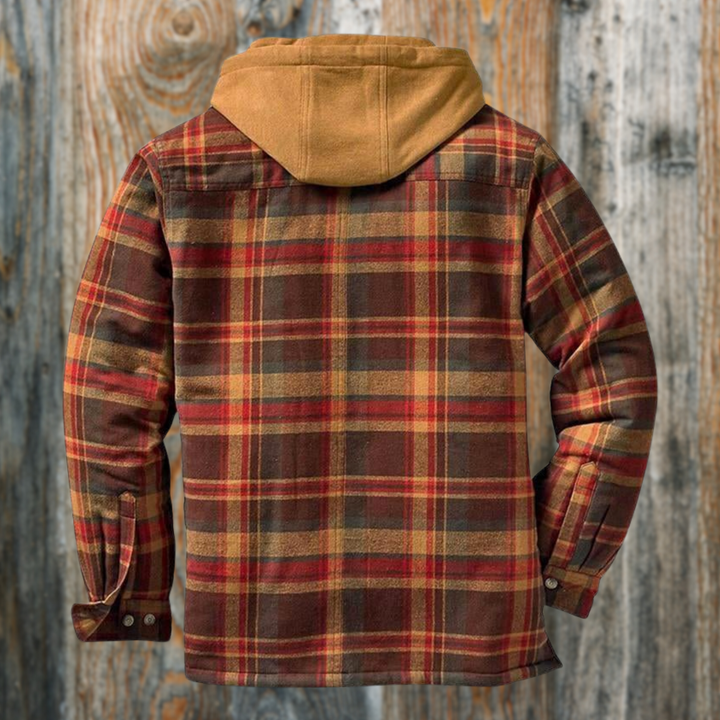 Rückansicht der braun-roten Karo-Holzfällerjacke mit senffarbener Kapuze