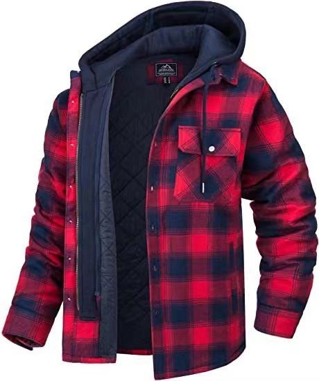 Karierte Flanell-Winterjacke rot-marineblau mit Kapuze und Steppfutter