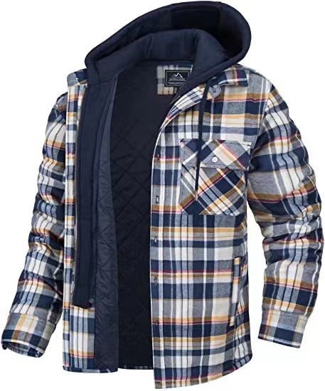 Holzfäller-Winterjacke kariert in Blau-Weiß-Orange mit abnehmbarer Kapuze