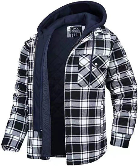 Karierte Herrenjacke schwarz-weiß mit gefütterter Kapuze und Brusttasche