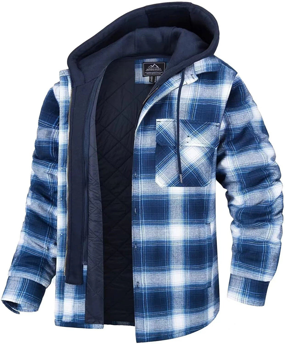 Blau-weiß karierte Flanelljacke mit warmem Steppfutter und Kapuze