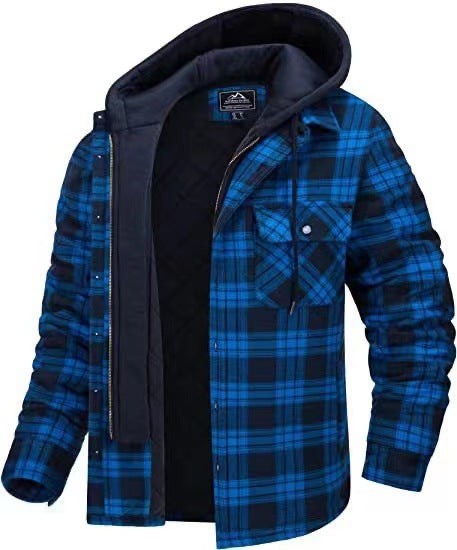 Kariertes Flanellhemd-Jacke in Blau-Schwarz mit gefütterter Kapuze