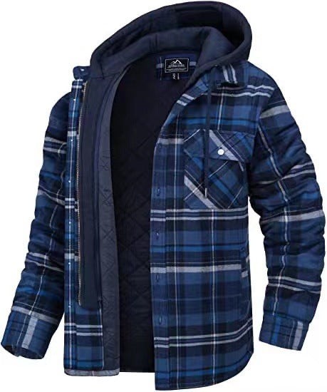 Marineblau karierte Winterjacke mit Kapuze und diamantgestepptem Innenfutter