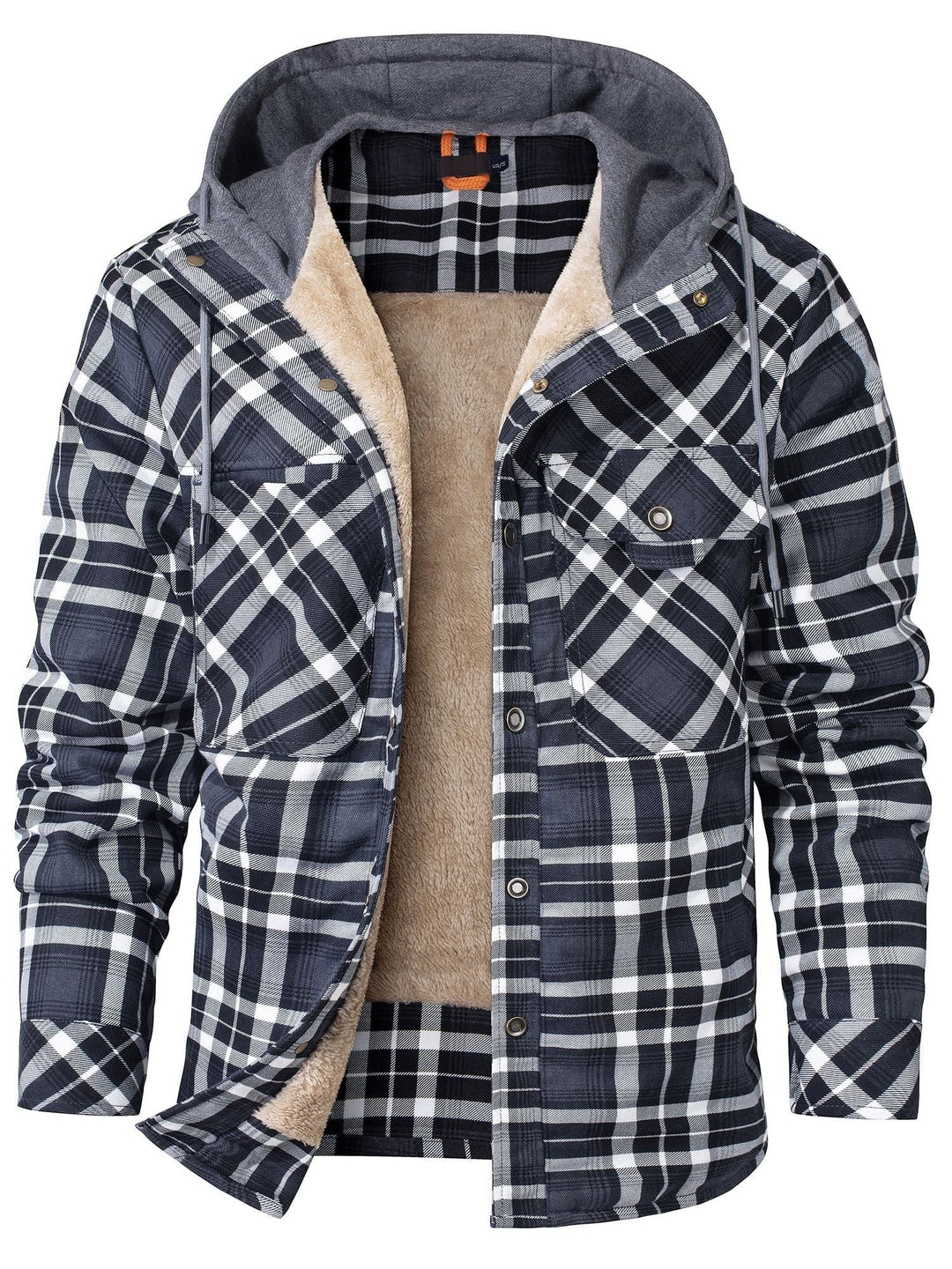 Karierte Flanelljacke mit Kapuze in Schwarz-Weiß und warmem Fleece-Futter